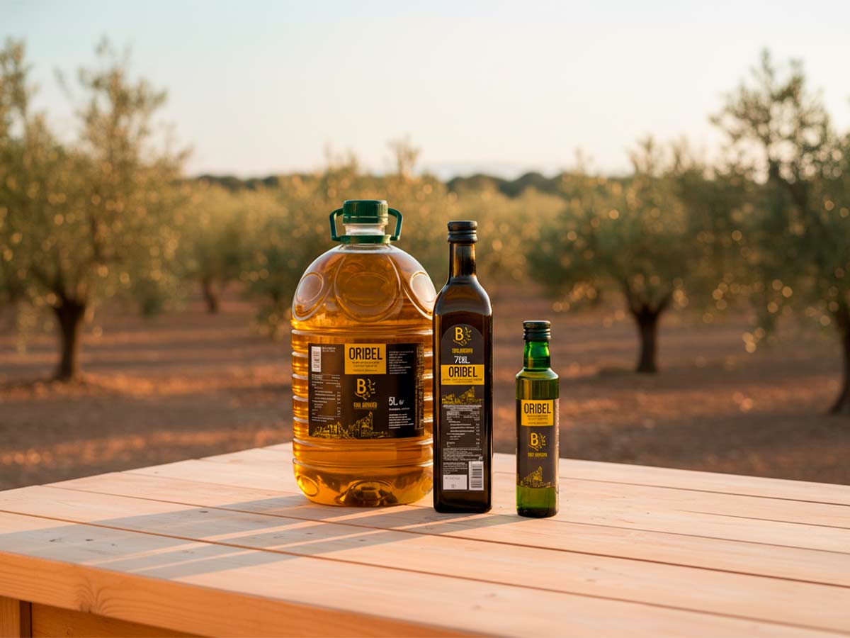 Diferentes formatos de aceite de oliva Oribel sobre una mesa de madera en un paisaje de olivos