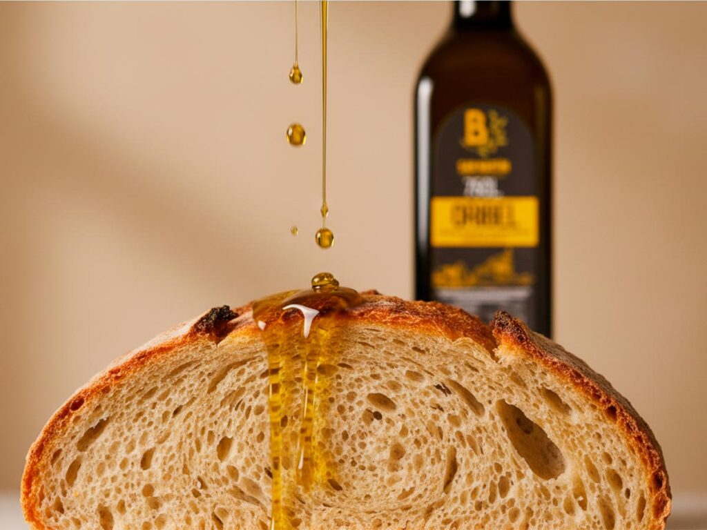 Gotas de aceite de oliva virgen extra cayendo sobre pan, símbolo de salud y tradición mediterránea.