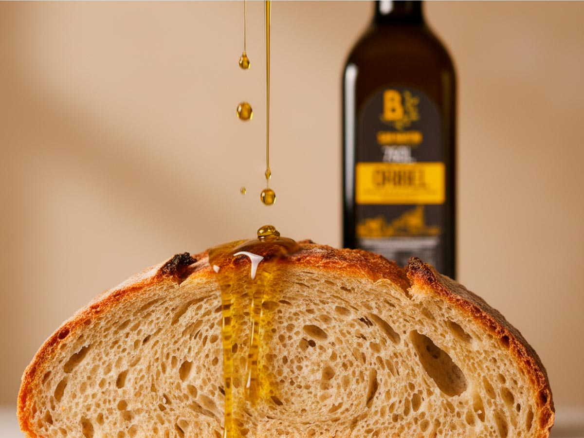 Gotas de aceite de oliva virgen extra cayendo sobre pan, símbolo de salud y tradición mediterránea.