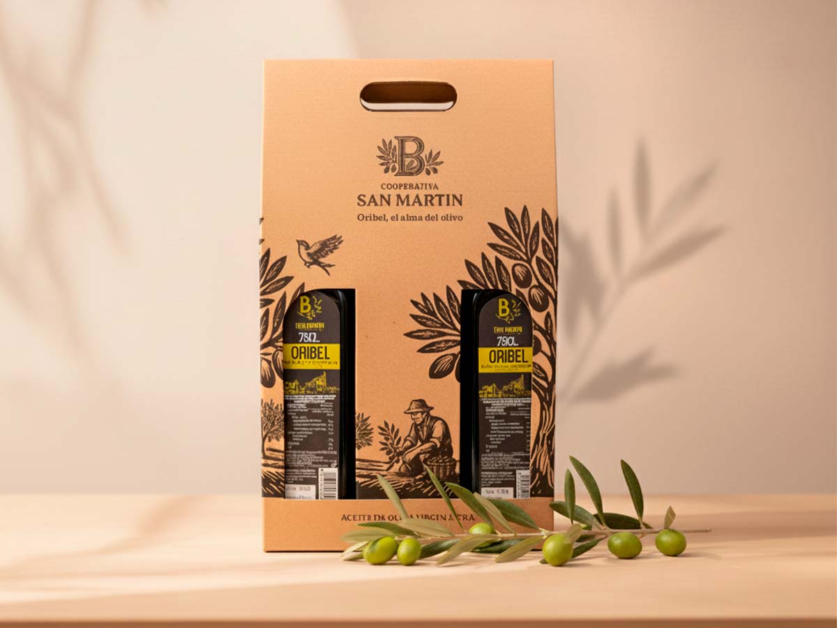 Packaging de cartón de 2 botellas de aove Oribel cristal oscuro