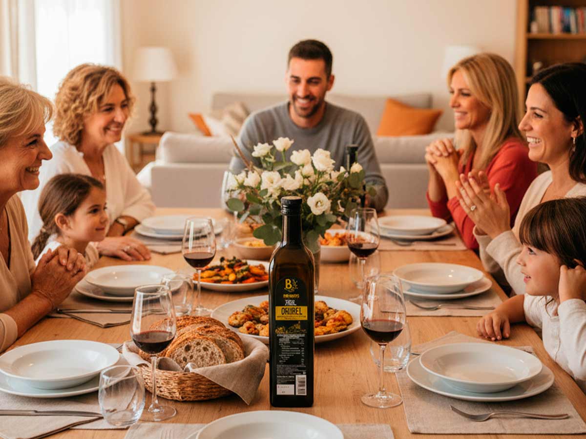 Familia reunida alrededor de una mesa lista para comer con una botella de aceite de oliva Oribel en el centro.