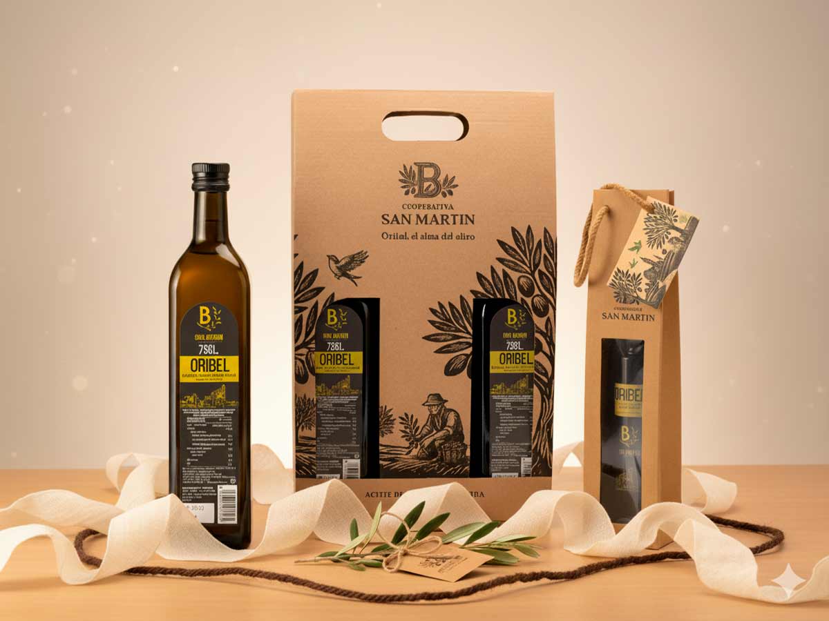 Aceite de oliva para regalar Oribel en botellas elegantes de 750 ml y 250 ml.