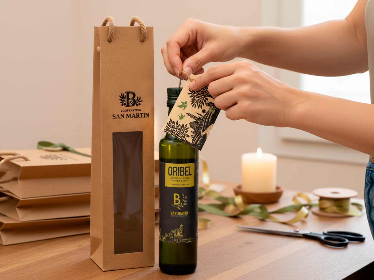 Tarjeta personalizada para acompañar aceite de oliva para regalar Oribel.