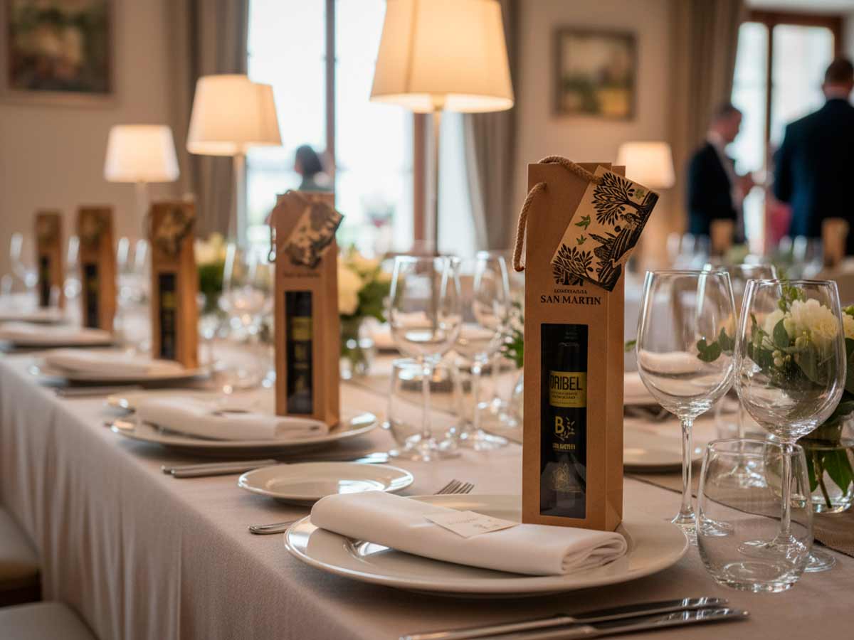 Packaging pequeño de aceite de oliva Oribel dispuesto como detalle de regalo en mesa de boda con decoración elegante y cálida.